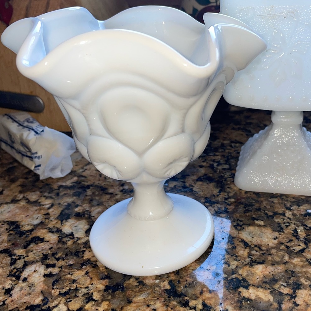 White milk glass Fenton sculpted around the top